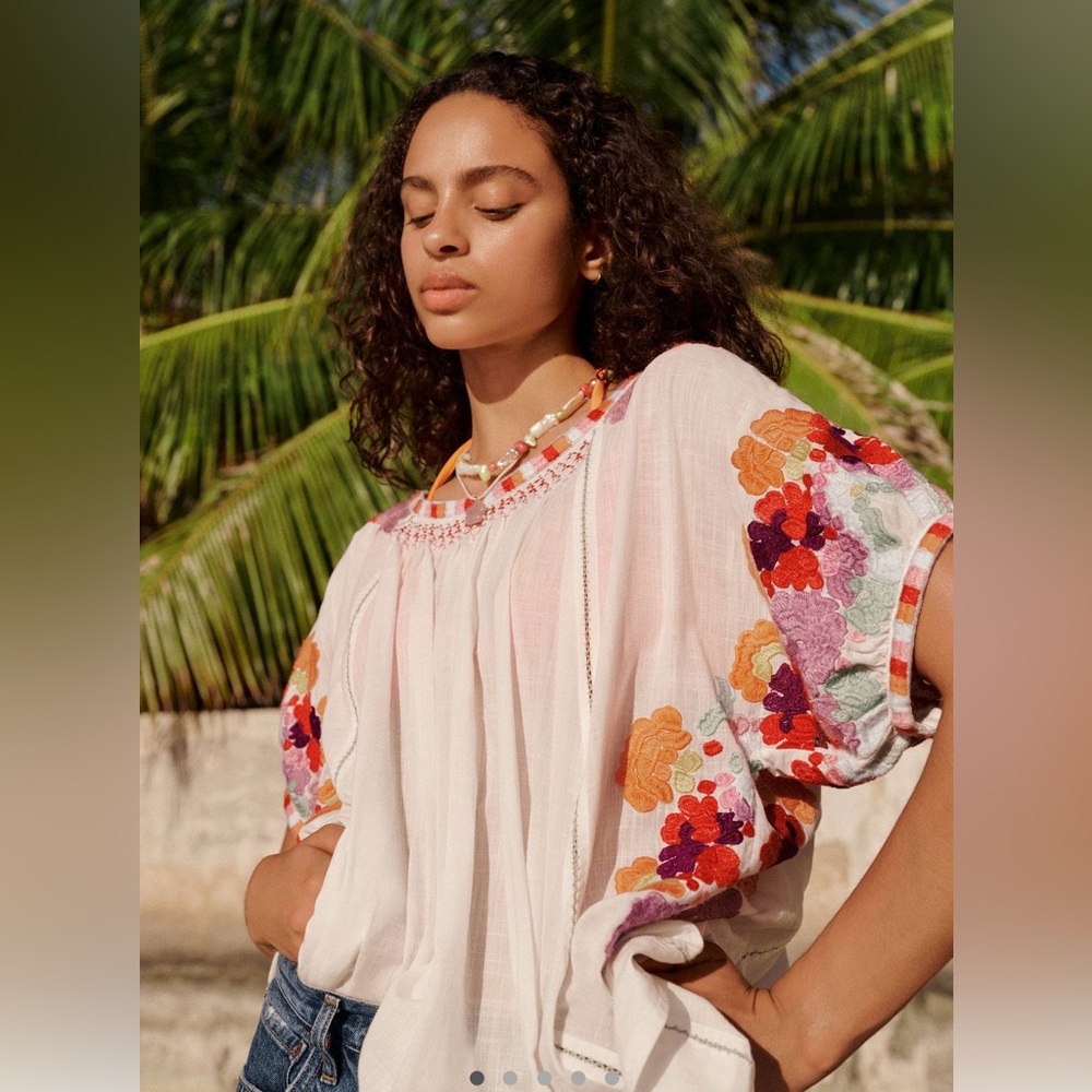 Anthropologie Embroidered White Blouse with Floral Accents